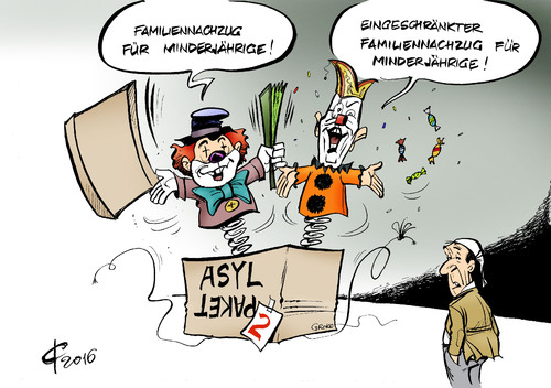 Cartoon: Närrisches Paket (medium) by Paolo Calleri tagged deutschland,asyl,fluechtlinge,minderjaehrige,familiennachzug,asylpaket,groko,grose,koalition,cdu,csu,spd,streit,karikatur,cartoon,paolo,calleri,deutschland,asyl,fluechtlinge,minderjaehrige,familiennachzug,asylpaket,groko,grose,koalition,cdu,csu,spd,streit,karikatur,cartoon,paolo,calleri