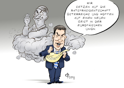 Cartoon: Neuer europäischer Geist (medium) by Paolo Calleri tagged eu,deutschland,bayern,ministerpraesident,markus,soeder,asyl,asyldebatte,merkel,kritiker,bundeskanzler,oesterreich,sebastian,kurz,fluechtlinge,rechtspopulismus,populismus,rechtsruck,reschtspopulistisch,nationalismus,karikatur,cartoon,paolo,calleri,eu,deutschland,bayern,ministerpraesident,markus,soeder,asyl,asyldebatte,merkel,kritiker,bundeskanzler,oesterreich,sebastian,kurz,fluechtlinge,rechtspopulismus,populismus,rechtsruck,reschtspopulistisch,nationalismus,karikatur,cartoon,paolo,calleri