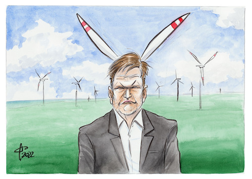 Cartoon: Osterhabeck (medium) by Paolo Calleri tagged deutschland,umwelt,wirtschaft,bundeswirtschaftsminister,robert,habeck,osterpaket,energie,erneuerbar,energiewende,oekologie,windkraft,karikatur,cartoon,paolo,calleri,deutschland,umwelt,wirtschaft,bundeswirtschaftsminister,robert,habeck,osterpaket,energie,erneuerbar,energiewende,oekologie,windkraft,karikatur,cartoon,paolo,calleri