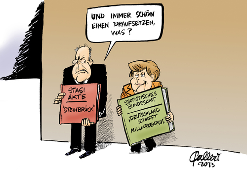 Cartoon: Präsentationen (medium) by Paolo Calleri tagged deutschland,wirtschaft,konjuktur,statistisches,bundessamt,überschuss,milliarden,kanzlerkandidat,peer,steinbrück,spd,cdu,bundeskanzlerin,angela,merkel,wahlkampf,bundestagswahl,2013,karikatur,paolo,calleri,deutschland,wirtschaft,konjuktur,statistisches,bundessamt,überschuss,milliarden,kanzlerkandidat,peer,steinbrück,spd,cdu,bundeskanzlerin,angela,merkel,wahlkampf,bundestagswahl,2013,karikatur,paolo,calleri