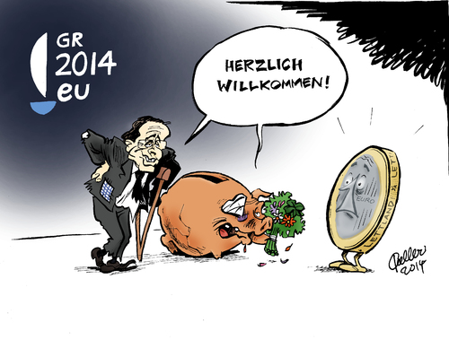 Cartoon: Prosit Neujahr! (medium) by Paolo Calleri tagged calleri,paolo,cartoon,karikatur,schuldenkrise,schulden,finanzkrise,krise,währung,lettland,euro,samaras,antonis,premierminister,griechenland,2014,ratspräsidentschaft,eu,eu,ratspräsidentschaft,2014,griechenland,premierminister,antonis,samaras,euro,lettland,währung,krise,finanzkrise,schulden,schuldenkrise,karikatur,cartoon,paolo,calleri