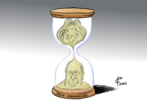 Cartoon: Sandersuhr (medium) by Paolo Calleri tagged usa,demokraten,kandidaten,praesidentschaft,praesidentschaftswahl,vorwahlen,hillary,clinton,bernie,sanders,new,hampshire,sieg,niederlage,karikatur,cartoon,paolo,calleri,usa,demokraten,kandidaten,praesidentschaft,praesidentschaftswahl,vorwahlen,hillary,clinton,bernie,sanders,new,hampshire,sieg,niederlage,karikatur,cartoon,paolo,calleri