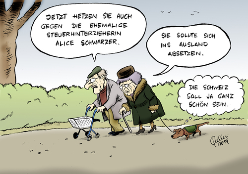 Cartoon: Schwarzgeld (medium) by Paolo Calleri tagged deutschland,schweiz,bank,konto,frauenrechtlerin,alice,schwarzer,zeitschrift,emma,herausgeberin,steuerhinterziehung,steuerbetrug,selbstanzeige,fiskus,steuerbehörden,medien,medienlandschaft,karikatur,cartoon,paolo,calleri,deutschland,schweiz,bank,konto,frauenrechtlerin,alice,schwarzer,zeitschrift,emma,herausgeberin,steuerhinterziehung,steuerbetrug,selbstanzeige,fiskus,steuerbehörden,medien,medienlandschaft,karikatur,cartoon,paolo,calleri