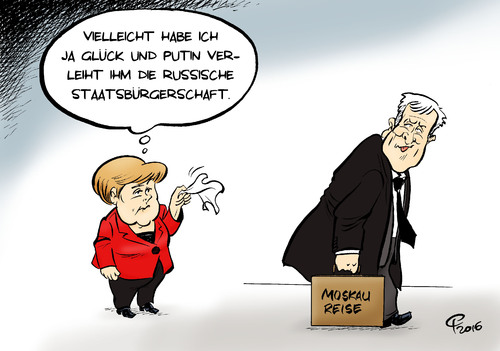 Cartoon: Seehofers Moskau-Reise (medium) by Paolo Calleri tagged deutschland,russland,bayern,cdu,csu,koalition,ministerpraesident,horst,seehofer,reise,moskau,treffen,putin,fluechtlinge,fluechtlingskrise,streit,kritik,wirtschaft,ukrainekrise,karikatur,paolo,calleri,deutschland,russland,bayern,cdu,csu,koalition,ministerpraesident,horst,seehofer,reise,moskau,treffen,putin,fluechtlinge,fluechtlingskrise,streit,kritik,wirtschaft,ukrainekrise,karikatur,paolo,calleri