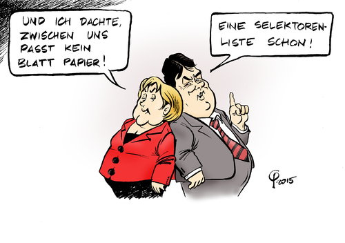 Cartoon: Selektorenliste (medium) by Paolo Calleri tagged deutschland,usa,geheimdienste,nsa,bnd,selektorenliste,regierungskoalition,cdu,spd,groko,streit,spionage,wirtschaft,bundestag,parteivorsitzender,sigmar,gabriel,bundeswirtschaftsminister,vizekanzler,bundeskanzlerin,angela,merkel,unterwuerfigkeit,erlaubnis,karikatur,cartoon,paolo,calleri,deutschland,usa,geheimdienste,nsa,bnd,selektorenliste,regierungskoalition,cdu,spd,groko,streit,spionage,wirtschaft,bundestag,parteivorsitzender,sigmar,gabriel,bundeswirtschaftsminister,vizekanzler,bundeskanzlerin,angela,merkel,unterwuerfigkeit,erlaubnis,karikatur,cartoon,paolo,calleri