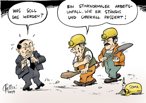 Cartoon: Soma (medium) by Paolo Calleri tagged türkei,soma,manisa,grubenunglück,ministerpräsident,premier,recep,tayyip,erdogan,verharmlosung,unfall,sicherheit,arbeitsplatz,bergwerk,kohle,zeche,proteste,demonstranten,gewerkschaft,katatrophe,kumpel,privatisierung,mitverantwortung,karikatur,cartoon,paolo,calleri,türkei,soma,manisa,grubenunglück,ministerpräsident,premier,recep,tayyip,erdogan,verharmlosung,unfall,sicherheit,arbeitsplatz,bergwerk,kohle,zeche,proteste,demonstranten,gewerkschaft,katatrophe,kumpel,privatisierung,mitverantwortung,karikatur,cartoon,paolo,calleri