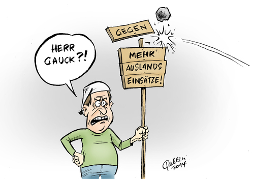 Cartoon: Stein des Anstoßes (medium) by Paolo Calleri tagged deutschland,münchen,sicherheitskonferenz,bundespräsident,joachim,gauck,auslandseinsätze,militär,umfrage,deutsche,sicherheitspolitik,außenpolitik,verantwortung,karikatur,cartoon,paolo,calleri,deutschland,münchen,sicherheitskonferenz,bundespräsident,joachim,gauck,auslandseinsätze,militär,umfrage,deutsche,sicherheitspolitik,außenpolitik,verantwortung,karikatur,cartoon,paolo,calleri