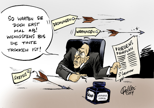 Cartoon: Ukraine-Gipfel (medium) by Paolo Calleri tagged ukraine,ostukraine,separatisten,milizen,kiew,russland,eu,usa,westen,gipfel,genf,krise,friedensfahrplan,sanktionen,drohungen,warnungen,skepsis,aussenminister,sergej,lawrow,karikatur,cartoon,paolo,calleri,ukraine,ostukraine,separatisten,milizen,kiew,russland,eu,usa,westen,gipfel,genf,krise,friedensfahrplan,sanktionen,drohungen,warnungen,skepsis,aussenminister,sergej,lawrow,karikatur,cartoon,paolo,calleri