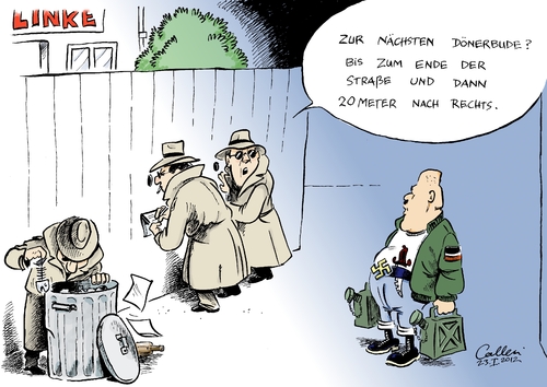 Cartoon: Verfassungsschutz (medium) by Paolo Calleri tagged nazis,npd,nsu,rechtsextremismus,geheimdienst,beobachtung,wagenknecht,gysi,lötzsch,verfassungsschutz,bundestagsabgeordnete,parlamentarier,partei,linke,linke,partei,parlamentarier,bundestagsabgeordnete,verfassungsschutz,lötzsch,gysi,wagenknecht,beobachtung,rechtsextremismus,nsu,npd,nazis,geheimdienst