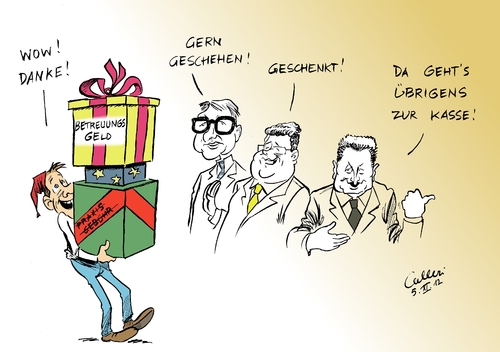 Cartoon: Wahlgeschenke (medium) by Paolo Calleri tagged kuhhandel,döring,patrick,dobrindt,alexander,gröhe,hermann,generalsekretär,wahlgeschenke,betreuungsgeld,praxisgebühr,koalitionsgipfel,koalitionsausschuss,fdp,csu,cdu,cdu,csu,fdp,koalitionsausschuss,koalitionsgipfel,praxisgebühr,betreuungsgeld,wahlgeschenke,generalsekretär,hermann,gröhe,alexander,dobrindt,patrick,döring,kuhhandel