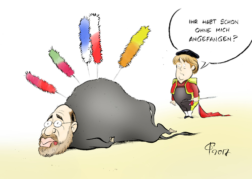 Cartoon: Wie ein milder Stier (medium) by Paolo Calleri tagged deutschland,wahlen,wahlkampf,union,cdu,csu,spd,umfragen,kanzlerkandidat,martin,schulz,bundeskanzlerin,angela,merkel,sommerurlaub,niedersachsen,regierung,neuwahlen,koalition,ministerpraesident,stephan,weil,vw,regierungserklaerung,karikatur,cartoon,paolo,calleri,deutschland,wahlen,wahlkampf,union,cdu,csu,spd,umfragen,kanzlerkandidat,martin,schulz,bundeskanzlerin,angela,merkel,sommerurlaub,niedersachsen,regierung,neuwahlen,koalition,ministerpraesident,stephan,weil,vw,regierungserklaerung,karikatur,cartoon,paolo,calleri