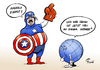 Cartoon: Captain America (small) by Paolo Calleri tagged usa vorwahlkampf praesidentschaft kandidatur republikaner unternehmer donald trump leitsatz amerika america isolation agenda aussenpolitik karikatur cartoon paolo calleri