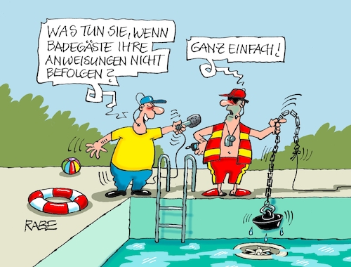 Cartoon: Abflussreiniger (medium) by RABE tagged freibad,schwimmbad,bademeister,rettungsschwimmer,basin,anweisungen,rabe,ralf,böhme,cartoon,karikatur,pressezeichnung,farbcartoon,tagescartoon,stöpsel,abfluss,platzverweis,polizeipräsenz,freibad,schwimmbad,bademeister,rettungsschwimmer,basin,anweisungen,rabe,ralf,böhme,cartoon,karikatur,pressezeichnung,farbcartoon,tagescartoon,stöpsel,abfluss,platzverweis,polizeipräsenz