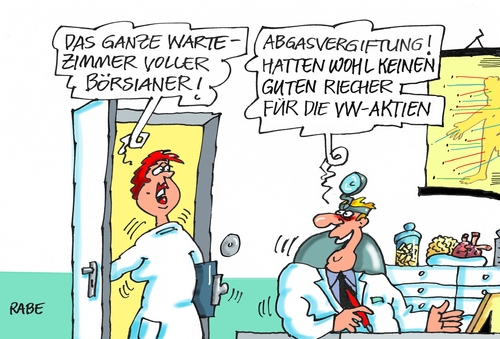 Cartoon: Abgasbörsianer (medium) by RABE tagged börse,börsianer,aktie,frankfurt,vw,volkswagen,wihterkorn,abgastest,usa,rabe,ralf,böhme,cartoon,karikatur,pressezeichnung,farbcartoon,tagescartoon,arzt,patienten,wartezimmer,winterkorn,umwelt,börse,börsianer,aktie,frankfurt,vw,volkswagen,wihterkorn,abgastest,usa,rabe,ralf,böhme,cartoon,karikatur,pressezeichnung,farbcartoon,tagescartoon,arzt,patienten,wartezimmer,winterkorn,umwelt