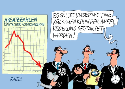 Cartoon: Absatzprobleme (medium) by RABE tagged ampel,ampelregierung,rot,grün,gelb,fdp,spd,grüne,rabe,ralf,böhme,cartoon,karikatur,pressezeichnung,farbcartoon,tagescartoon,pöbelei,pöbler,bestrafung,regelung,beschimpfung,bundestag,abgeordnete,autoindustrie,automobilindustrie,absatz,absatzprobleme,verkaufszahlen,bilanz,diagramm,vw,mercedes,bmw,rückrufaktion,ampel,ampelregierung,rot,grün,gelb,fdp,spd,grüne,rabe,ralf,böhme,cartoon,karikatur,pressezeichnung,farbcartoon,tagescartoon,pöbelei,pöbler,bestrafung,regelung,beschimpfung,bundestag,abgeordnete,autoindustrie,automobilindustrie,absatz,absatzprobleme,verkaufszahlen,bilanz,diagramm,vw,mercedes,bmw,rückrufaktion