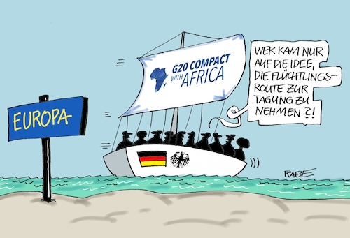 Cartoon: Afrika Kompakt (medium) by RABE tagged merkel,kanzlerin,staatsempfang,staatsgäste,hymne,nationalhymne,hymnenphobie,phobie,rabe,ralf,böhme,cartoon,karikatur,pressezeichnung,farbcartoon,tagescartoon,initiative,compact,with,africa,afrika,finanzministerium,flüchtlingsroute,schlepper,mittelmeer,segelboot,europa,wasser,wellen,meer,tagung,anreise,ausbeutung,merkel,kanzlerin,staatsempfang,staatsgäste,hymne,nationalhymne,hymnenphobie,phobie,rabe,ralf,böhme,cartoon,karikatur,pressezeichnung,farbcartoon,tagescartoon,initiative,compact,with,africa,afrika,finanzministerium,flüchtlingsroute,schlepper,mittelmeer,segelboot,europa,wasser,wellen,meer,tagung,anreise,ausbeutung