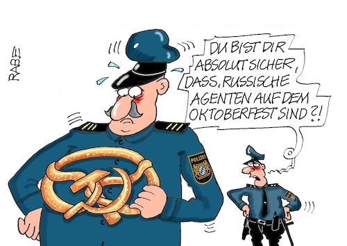 Cartoon: Agenten (medium) by RABE tagged oktober,oktoberfest,wiesn,münchen,bayern,brezel,brezn,weißwurst,maß,händel,rabe,ralf,böhme,cartoon,karikatur,pressezeichnung,farbcartoonmtagescaartoon,polizei,putin,spionage,sabotage,oktober,oktoberfest,wiesn,münchen,bayern,brezel,brezn,weißwurst,maß,händel,rabe,ralf,böhme,cartoon,karikatur,pressezeichnung,farbcartoonmtagescaartoon,polizei,putin,spionage,sabotage