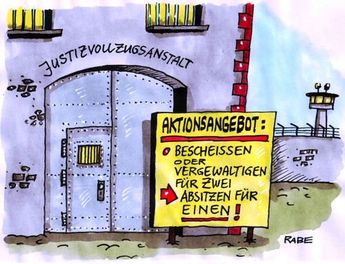 Cartoon: Aktionsangebot (medium) by RABE tagged gefängnis,knast,justizvollzugsanstalt,justiz,rechtsanwalt,treuepunkte,bonuspunkte,aktionsangebot,euro,gitterstäbe,wachturm,gefängnismauer,sträfling,verbrecher,bescheißen,vergewaltigen,aktenzeichen,täter,polizei,handschellen,gefängnis,knast,justizvollzugsanstalt,justiz,rechtsanwalt,treuepunkte,bonuspunkte,aktionsangebot