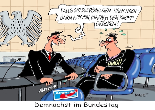 Cartoon: Alarm Alarm (medium) by RABE tagged bundestagssitzung,plenarsaal,abgeordnete,parlamentarier,sitze,sitzverteilung,reichstag,reichstagsgebäude,reichstagskuppel,union,cdu,afd,rabe,ralf,böhme,cartoon,karikatur,pressezeichnung,farbcartoon,tagescartoon,linke,grüne,fdp,spd,bundestagspräsident,abstimmung,alarm,alarmknopf,pöbelei,bundestagssitzung,plenarsaal,abgeordnete,parlamentarier,sitze,sitzverteilung,reichstag,reichstagsgebäude,reichstagskuppel,union,cdu,afd,rabe,ralf,böhme,cartoon,karikatur,pressezeichnung,farbcartoon,tagescartoon,linke,grüne,fdp,spd,bundestagspräsident,abstimmung,alarm,alarmknopf,pöbelei