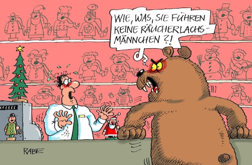 Cartoon: Alaska Räucherlachs (medium) by RABE tagged weihnachten,weihnachtsfest,bescherung,weihnachtsbaum,dezember,räuchermännchen,räucherkerzen,weyhrauch,rabe,ralf,böhme,cartoon,karikatur,pressezeichnung,farbcartoon,tagescartoon,bär,grizzly,grizzlybär,lachs,lachsforell,räucherlachs,wildlachs,lieblingsspeise,festessen,weihnachten,weihnachtsfest,bescherung,weihnachtsbaum,dezember,räuchermännchen,räucherkerzen,weyhrauch,rabe,ralf,böhme,cartoon,karikatur,pressezeichnung,farbcartoon,tagescartoon,bär,grizzly,grizzlybär,lachs,lachsforell,räucherlachs,wildlachs,lieblingsspeise,festessen