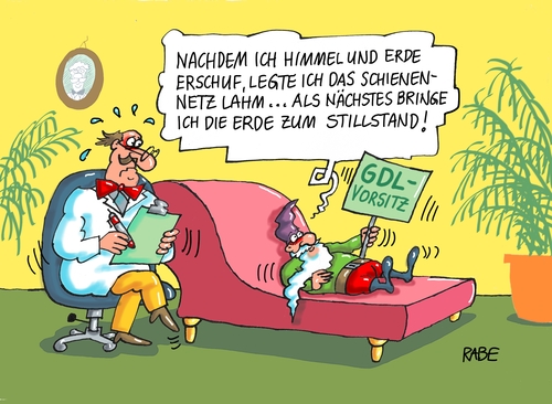 Cartoon: Allmachtsphantasien (medium) by RABE tagged gdl,gewerkschaft,lokführer,vorstand,vorsitz,bahn,gleise,schienen,reisende,herbstferien,vorstandssprecher,lohn,gehalt,rabe,ralf,böhme,cartoon,karikatur,pressezeichnung,farbcartoon,tagescartoon,psychiater,couch,liege,zwerg,gartenzwerg,phantasien,spinner,himmel,erde,gott,welt,bibel,schienenverkehr,bahnsteig,züge,verspätung,zugausfall,schienenersatzverkehr,gdl,gewerkschaft,lokführer,vorstand,vorsitz,bahn,gleise,schienen,reisende,herbstferien,vorstandssprecher,lohn,gehalt,rabe,ralf,böhme,cartoon,karikatur,pressezeichnung,farbcartoon,tagescartoon,psychiater,couch,liege,zwerg,gartenzwerg,phantasien,spinner,himmel,erde,gott,welt,bibel,schienenverkehr,bahnsteig,züge,verspätung,zugausfall,schienenersatzverkehr