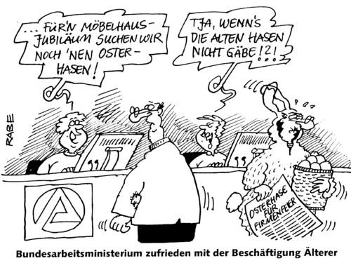 Cartoon: Alte Hasen (medium) by RABE tagged arbeitsamt,arbeitsagentur,bundesarbeitsministerium,von,der,leyen,cdu,rentner,alte,hasen,ostern,osterhase,osterfeier,osterkörbchen,job,jobcenter,jobsuche,beschäftigte,möbelhaus,firmenfeier,arbeitsplätze,arbeitsagentur,arbeitsamt,jobcenter,arbeitsplatz,arbeitslosigkeit,arbeitsuchender,bundesarbeitsministerium,arbeit,job