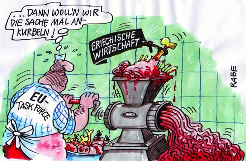 Cartoon: Angekurbeltes (medium) by RABE tagged eu,euro,brüssel,eurokrise,schuldenkrise,rettungsschirm,griechenland,griechenlandpleite,finanzchefs,schäuble,merkel,kanzlerin,cdu,sarkozy,schuldenschnitt,kreditklemme,banker,börse,kurbel,ankurbeln,fleischer,metzger,fleischwolf,mett,gehacktes,tatar,hellas,eu,euro,brüssel,eurokrise,schuldenkrise,rettungsschirm,griechenland,griechenlandpleite,merkel,kanzlerin,sarkozy,schuldenschnitt,schäuble