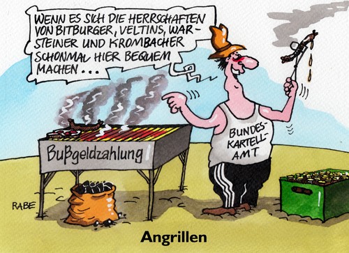 Cartoon: Angrillen (medium) by RABE tagged bierpreise,bier,bundeskartellamt,brauereien,bitburger,malz,hopfen,flaschenbier,faßbier,preisabsprache,warsteiner,veltins,krombacher,bußgelder,preiserhöhungen,preisabsprachen,rabe,ralf,böhme,cartoon,karikatur,pressezeichnung,farbcartoon,grill,rost,angrillen,holzkohle,bratwurst,kammscheiben,steak,grillzange,bierkasten,euro,brüssel,eu,bundeskartellamt,bier,bierpreise,preisabsprache,faßbier,flaschenbier,hopfen,malz,bitburger,brauereien,warsteiner,veltins,krombacher,bußgelder,preiserhöhungen,preisabsprachen,rabe,ralf,böhme,cartoon,karikatur,pressezeichnung,farbcartoon,grill,rost,angrillen,holzkohle,bratwurst,kammscheiben,steak,grillzange,bierkasten,euro,brüssel,eu