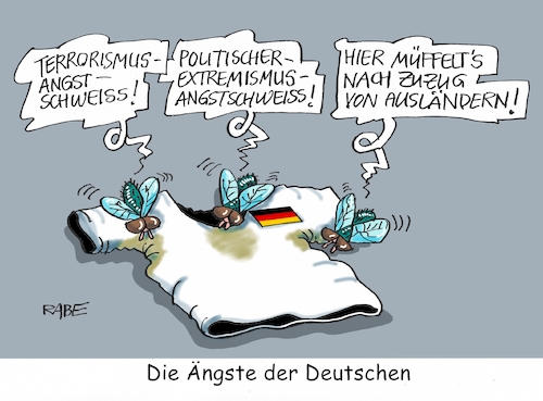 Cartoon: Angstschweiß (medium) by RABE tagged umfragen,institut,meinungsforschung,bürger,angst,ängste,angstschweiß,shirt,schwitzflecken,fliegen,schmeißfliegen,rabe,ralf,böhme,cartoob,karikatur,pressezeichnung,farbcartoon,tagescartoon,flüchtling,terroristen,terroranschlägeextremismus,zuzug,ausländer,umfragen,institut,meinungsforschung,bürger,angst,ängste,angstschweiß,shirt,schwitzflecken,fliegen,schmeißfliegen,rabe,ralf,böhme,cartoob,karikatur,pressezeichnung,farbcartoon,tagescartoon,flüchtling,terroristen,terroranschlägeextremismus,zuzug,ausländer