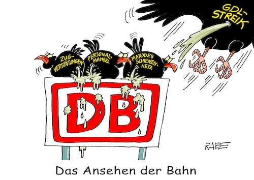 Cartoon: Ansehen geschädigt (medium) by RABE tagged bahn,db,bahnkunden,fahrpreis,fahrpreiserhöhung,rabe,ralf,böhme,cartoon,karikatur,pressezeichnung,farbcartoon,tagescartoon,schnellzug,bahnticket,schlusslicht,passagiere,bahnreisende,puffer,bahnstreik,streik,lokfüher,lokführerstreik,ansehen,prsonalmangel,schienennetzt,raben,vögel,vogelkacke,dreck,beschmutzung,weselsky,bahn,db,bahnkunden,fahrpreis,fahrpreiserhöhung,rabe,ralf,böhme,cartoon,karikatur,pressezeichnung,farbcartoon,tagescartoon,schnellzug,bahnticket,schlusslicht,passagiere,bahnreisende,puffer,bahnstreik,streik,lokfüher,lokführerstreik,ansehen,prsonalmangel,schienennetzt,raben,vögel,vogelkacke,dreck,beschmutzung,weselsky