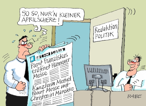 Cartoon: Aprilscherz I (medium) by RABE tagged junge,union,deutschlandtag,wahl,gruhner,kuban,bierzeltrede,merkel,abnabelung,rabe,ralf,böhme,cartoon,karikatur,pressezeichnung,farbcartoon,tagescartoon,kanzlerin,cdu,csu,akk,eröffnung,messe,hannover,journalisten,redaktion,zeitung,tagespresse,tageszeitung,papst,franziskus,marokko,christen,april,aprilscherz,scherz,junge,union,deutschlandtag,wahl,gruhner,kuban,bierzeltrede,merkel,abnabelung,rabe,ralf,böhme,cartoon,karikatur,pressezeichnung,farbcartoon,tagescartoon,kanzlerin,cdu,csu,akk,eröffnung,messe,hannover,journalisten,redaktion,zeitung,tagespresse,tageszeitung,papst,franziskus,marokko,christen,april,aprilscherz,scherz