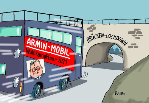 Cartoon: Arminmobil (medium) by RABE tagged corona,bundländerkonferenz,merkel,kanzleramt,lockerungen,stufenplan,öffnungen,lockdown,shutdown,baumärkte,impfdosen,rki,fallzahlen,inzidenzwert,spahn,impfzentren,impfreihenfolge,armin,laschet,söder,kanzlerfrage,wahlkampftour,bus,brücke,brückenlockdown,corona,bundländerkonferenz,merkel,kanzleramt,lockerungen,stufenplan,öffnungen,lockdown,shutdown,baumärkte,impfdosen,rki,fallzahlen,inzidenzwert,spahn,impfzentren,impfreihenfolge,armin,laschet,söder,kanzlerfrage,wahlkampftour,bus,brücke,brückenlockdown