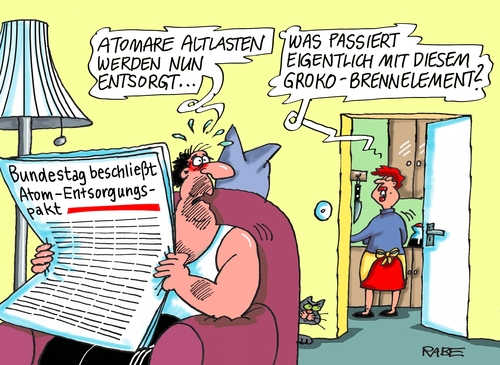 Cartoon: Atomentsorgungspakt (medium) by RABE tagged atomentsorgungspakt,atomenergie,altlasten,atomriesen,atommeiler,eon,vattenvall,bundestag,entsorgung,rabe,ralf,böhme,cartoon,karikatur,pressezeichnung,farbcartoon,tagescartoon,brennstab,groko,cdu,spd,union,bundestagswahl,bundesregierung,atomentsorgungspakt,atomenergie,altlasten,atomriesen,atommeiler,eon,vattenvall,bundestag,entsorgung,rabe,ralf,böhme,cartoon,karikatur,pressezeichnung,farbcartoon,tagescartoon,brennstab,groko,cdu,spd,union,bundestagswahl,bundesregierung