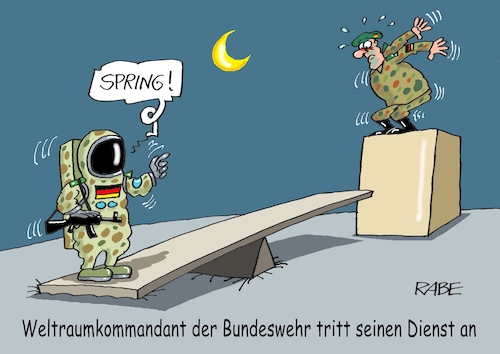 Cartoon: Auf nen Sprung vorbei (medium) by RABE tagged akk,bundeswehr,bundeswehrkommandant,verteidigungsministerin,weltraum,sicherheit,hindukusch,rabe,ralf,böhme,cartoon,karikatur,pressezeichnung,farbcartoon,tagescartoon,kosmonaut,raumfahrer,weltall,sprungbrett,springer,weltraumkommando,überwachung,satelliten,weltraumschrott,akk,bundeswehr,bundeswehrkommandant,verteidigungsministerin,weltraum,sicherheit,hindukusch,rabe,ralf,böhme,cartoon,karikatur,pressezeichnung,farbcartoon,tagescartoon,kosmonaut,raumfahrer,weltall,sprungbrett,springer,weltraumkommando,überwachung,satelliten,weltraumschrott