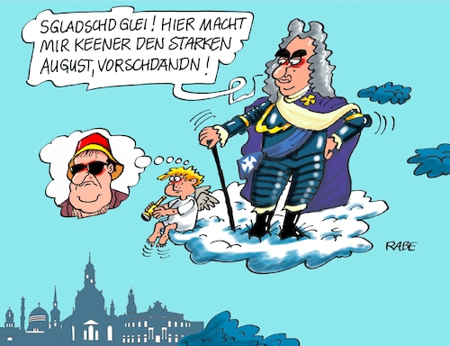 Cartoon: August der Starke sächsisch (medium) by RABE tagged dresden,lka,landeskriminalamt,sachsen,polizei,pegida,afd,demo,mitarbeiter,hinderung,zdf,kamerateam,kameramann,rabe,ralf,böhme,cartoon,karikatur,pressezeichnung,farbcartoon,tagescartoon,wolke,engel,fernrohr,skyline,august,der,starke,dresden,lka,landeskriminalamt,sachsen,polizei,pegida,afd,demo,mitarbeiter,hinderung,zdf,kamerateam,kameramann,rabe,ralf,böhme,cartoon,karikatur,pressezeichnung,farbcartoon,tagescartoon,wolke,engel,fernrohr,skyline,august,der,starke