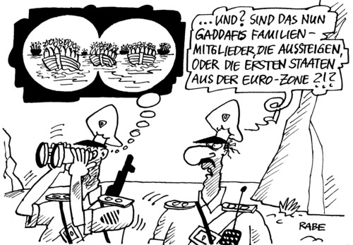 Cartoon: Aussteiger (medium) by RABE tagged bundesregierung,merkel,eu,euro,krise,rettungsschirm,griechenland,banken,flüchtlinge,boatpeople,küste,italien,lampedusa,meer,ozean,schiffe,gaddafi,gaddafiregime,terror,gewalt,libyen,machthaber,rebellen,rebellenhochburg,athen,familienclan,familienangehörige,söhne,flucht,exil,aussteiger,eurozone,eurostaatenstaatschefs,finanzminister,währungsfond,pleite,zahlungsunfähig,steuern,steuererhöhung,steuerzahler,polizei,wachposten,küstenwache,bundesregierung,kanzlerin,merkel,cdu,fdp,euro,eurozone,brüssel