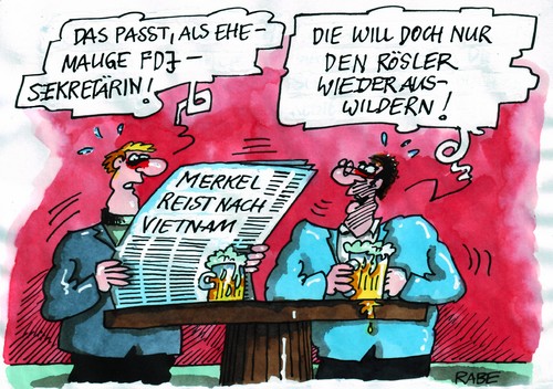 Cartoon: Auswilderung (medium) by RABE tagged bundesregierung,kanzlerin,merkel,cdu,rösler,fdp,koalition,euro,krise,vietnam,vietnamese,vietnamreise,asien,fdj,ddr,sekretärin,wirtschaftvertrag,investition,baugewerbe,baufirma,wild,auswilderung,reise,minister,stammtisch,männer,bier,bundesregierung,kanzlerin,merkel,rösler,koalition,euro,krise,vietnam,vietnamese