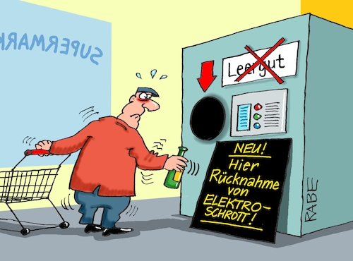 Cartoon: Automatisches (medium) by RABE tagged energiewende,windkraft,windräder,solarenergie,umweltminister,robert,habeck,grüne,rabe,ralf,böhme,cartoon,karikatur,pressezeichnung,farbcartoon,tagescartoon,michel,lastenträger,kosten,energiepreise,elektroschrott,elektrogeräte,kleingeräte,toaster,rasierer,supermarkt,discounter,kaufhalle,korbwagen,getränkemarkt,flaschen,leergut,leergutautomat,pfandflaschen,flaschenautomat,recycling,energiewende,windkraft,windräder,solarenergie,umweltminister,robert,habeck,grüne,rabe,ralf,böhme,cartoon,karikatur,pressezeichnung,farbcartoon,tagescartoon,michel,lastenträger,kosten,energiepreise,elektroschrott,elektrogeräte,kleingeräte,toaster,rasierer,supermarkt,discounter,kaufhalle,korbwagen,getränkemarkt,flaschen,leergut,leergutautomat,pfandflaschen,flaschenautomat,recycling