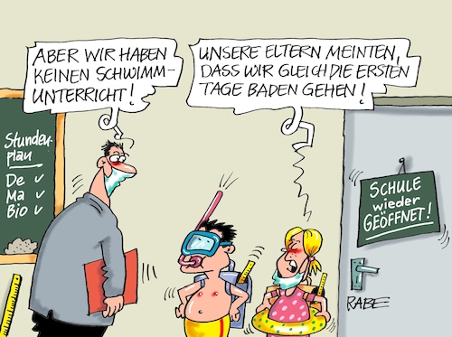 Cartoon: Baden gehen (medium) by RABE tagged virus,corona,pandemie,coronakrise,rabe,ralf,böhme,cartoon,karikatur,pressezeichnung,farbcartoon,tagescartoon,viren,virenschutz,mundschutz,desinfektion,föderal,föderalismus,ländersache,schule,schulstart,schulbetrieb,schulbeginn,regelschulbetrieb,bildungsministerium,schüler,lehrer,unterricht,abstandsregeln,masken,maskenpflicht,nasenschutz,gymnasium,badesachen,badehose,schwimmring,taucherbrille,testpflicht,reiserückkehrer,risikogebiet,virus,corona,pandemie,coronakrise,rabe,ralf,böhme,cartoon,karikatur,pressezeichnung,farbcartoon,tagescartoon,viren,virenschutz,mundschutz,desinfektion,föderal,föderalismus,ländersache,schule,schulstart,schulbetrieb,schulbeginn,regelschulbetrieb,bildungsministerium,schüler,lehrer,unterricht,abstandsregeln,masken,maskenpflicht,nasenschutz,gymnasium,badesachen,badehose,schwimmring,taucherbrille,testpflicht,reiserückkehrer,risikogebiet