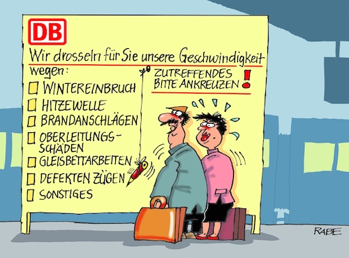 Cartoon: Bahn modernisiert (medium) by RABE tagged db,bahn,bahnverkehr,zug,reisende,bahnsteig,verspätung,modernisierung,stellenabbau,rabe,ralf,böhme,cartoon,karikatur,pressezeichnung,farbcartoon,tagescartoon,wetter,oberleitung,gleis,schienennetz,db,bahn,bahnverkehr,zug,reisende,bahnsteig,verspätung,modernisierung,stellenabbau,rabe,ralf,böhme,cartoon,karikatur,pressezeichnung,farbcartoon,tagescartoon,wetter,oberleitung,gleis,schienennetz