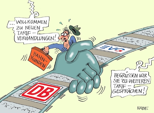 Cartoon: Bahnstreik (medium) by RABE tagged bahn,db,bahnstreik,streik,bahnkunden,schienen,hände,begrüßung,tarifgespräche,tarifrunde,rabe,ralf,böhme,cartoon,karikatur,pressezeichnung,farbcartoon,tagescartoon,lokführer,bahnpersonal,verspätung,zugausfälle,bahn,db,bahnstreik,streik,bahnkunden,schienen,hände,begrüßung,tarifgespräche,tarifrunde,rabe,ralf,böhme,cartoon,karikatur,pressezeichnung,farbcartoon,tagescartoon,lokführer,bahnpersonal,verspätung,zugausfälle