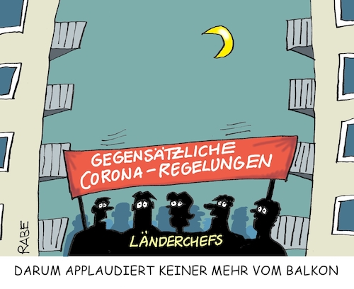 Cartoon: Balkonapplaus (medium) by RABE tagged corona,pandemie,virologen,infektionskette,abstandsregeln,coronaregeln,maskenpflicht,pflichttest,bussgeld,rabe,ralf,böhme,cartoon,karikatur,pressezeichnung,farbcartoon,tagescartoon,balkon,applaus,länderchefs,ministerpräsidenten,reisewarnung,rückreisende,söder,spahn,laschet,rammelow,hotspots,partymeile,impfung,sperrstunde,kontrollen,beatmungsgerät,kliniken,hausärzte,coronavirus,testzentren,gesundheitsbehörden,corona,pandemie,virologen,infektionskette,abstandsregeln,coronaregeln,maskenpflicht,pflichttest,bussgeld,rabe,ralf,böhme,cartoon,karikatur,pressezeichnung,farbcartoon,tagescartoon,balkon,applaus,länderchefs,ministerpräsidenten,reisewarnung,rückreisende,söder,spahn,laschet,rammelow,hotspots,partymeile,impfung,sperrstunde,kontrollen,beatmungsgerät,kliniken,hausärzte,coronavirus,testzentren,gesundheitsbehörden