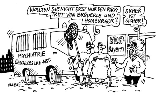 Cartoon: Bayern-FDP (medium) by RABE tagged fdp,bayern,parteivorsitzender,bundesregierung,bundestag,brüderle,homburger,rösler,westerwelle,außenminister,wirtschaftsminister,gesundheitminister,merkel,cdu,kanzlerin,sicherheit,rücktritt,psychiatrie,psychiater,nervenklinik,nervenheilanstalt,zwangsjacke,kescher,parteienkrise,krise,euro,rettungsdienst,rettungswagen,klapsmühle,parteispitze,fdp,parteivorsitzender,bundesregierung,bundestag,brüderle,homburger,rösler,westerwelle