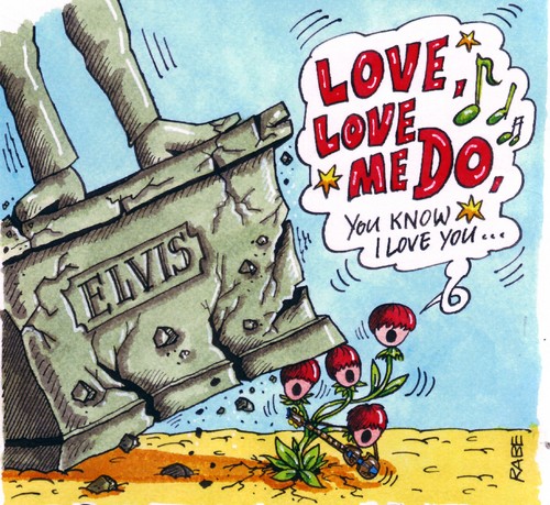 Cartoon: Beatles Love Me Do 1962 (medium) by RABE tagged beatles,lennon,mccartney,harrison,starr,popmusik,popband,beatmusik,beatband,gitarre,drum,drumstick,single,lp,vinyl,schallplatte,plattenspieler,musikbox,sechziger,jahre,charts,hitparade,elvis,elvisdenkmal,löwenzahn,pilzköpfe,yeah,beatles,lennon,mccartney,harrison,starr,popmusik,popband,beatmusik,beatband,musik