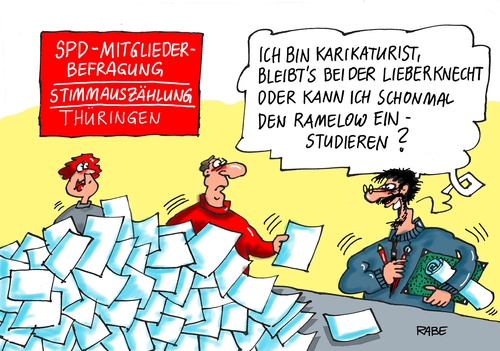 Cartoon: Befragung (medium) by RABE tagged spd,linke,thüringen,landtagswahl,mitgliederbefragung,abstimmung,mitgliederentschaidung,ramelow,bausewein,lieberknecht,koalitionsrunde,grün,rotrotgrün,rot,rabe,ralf,böhme,cartoon,tagescartoon,karikatur,pressezeichnung,farbcartoon,karikaturist,einstudieren,karikieren,stimmzettel,empfehlung,spd,linke,thüringen,landtagswahl,mitgliederbefragung,abstimmung,mitgliederentschaidung,ramelow,bausewein,lieberknecht,koalitionsrunde,grün,rotrotgrün,rot,rabe,ralf,böhme,cartoon,tagescartoon,karikatur,pressezeichnung,farbcartoon,karikaturist,einstudieren,karikieren,stimmzettel,empfehlung