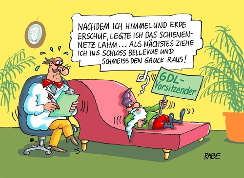 Cartoon: Bellevue (medium) by RABE tagged gdl,bahn,chef,streik,bahngewerkschaft,reisende,bahnkunden,zugausfall,gewerkschaften,rabe,ralf,böhme,cartoon,karikatur,pressezeichnung,farbcartoon,tagescartoon,psychiater,seelenklempner,gartenzwerg,liege,bellevue,schloß,bundespräsident,gauck,gdl,bahn,chef,streik,bahngewerkschaft,reisende,bahnkunden,zugausfall,gewerkschaften,rabe,ralf,böhme,cartoon,karikatur,pressezeichnung,farbcartoon,tagescartoon,psychiater,seelenklempner,gartenzwerg,liege,bellevue,schloß,bundespräsident,gauck