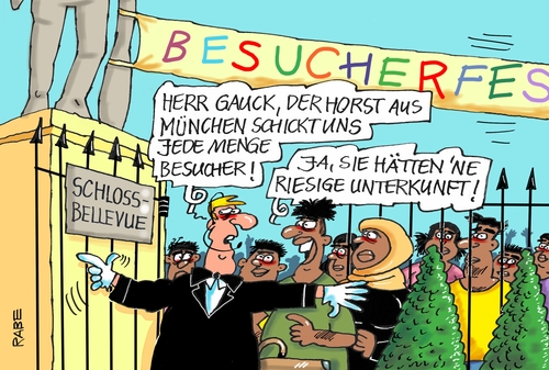 Cartoon: Bellevue (medium) by RABE tagged schloß,bellevue,bundespräsident,gauck,berlin,besucher,besucherfest,rabe,ralf,böhme,cartoon,karikatur,pressezeichnung,farbcartoon,tagescartoon,flüchtlinge,flüchtlingsunterkunft,bayern,münchen,hauptbahnhof,syrer,seehofer,csu,sondersitzung,unterbringung,flüchtlingsheime,innenminister,asyl,asylanten,notunterkünfte,länder,eu,hilfe,schloß,bellevue,bundespräsident,gauck,berlin,besucher,besucherfest,rabe,ralf,böhme,cartoon,karikatur,pressezeichnung,farbcartoon,tagescartoon,flüchtlinge,flüchtlingsunterkunft,bayern,münchen,hauptbahnhof,syrer,seehofer,csu,sondersitzung,unterbringung,flüchtlingsheime,innenminister,asyl,asylanten,notunterkünfte,länder,eu,hilfe