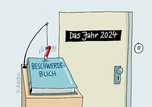 Cartoon: Beschwerden über Beschwerden (medium) by RABE tagged silvester,silvesterfeier,neujahr,rabe,ralf,böhme,cartoon,karikatur,pressezeichnung,farbcartoon,tagescartoon,musical,theater,jahresrückblick,beschwerde,beschwerdebuch,beschwerden,silvester,silvesterfeier,neujahr,rabe,ralf,böhme,cartoon,karikatur,pressezeichnung,farbcartoon,tagescartoon,musical,theater,jahresrückblick,beschwerde,beschwerdebuch