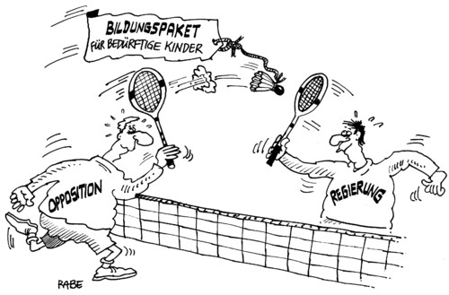 Cartoon: Bildungspaket (medium) by RABE tagged bildungspaket,bundesregierung,opposition,koaölition,schwarzgelb,cdu,fdp,von,der,leyen,arbeitsministerin,jobcenter,arbeitsagentur,hartz,iv,euro,krise,sozialhife,sozialhilfeempfänger,bildungsministerium,bildungswesen,schule,schüler,lehrer,kinder,federball,tennis,netz,schläger,aufschlag,spiel,bildungschip,bildungsmisere,bildungsstandards,stundenplan,lehrplan,lehrbücher,grundschule,realschule,gymnasium,unterstützung,schulspeisung,taschenrechner,theaterbesuch,museumsbesuch,bildungspaket,bundesregierung,koalition,opposition,fdp,spd,cdu,linke,debatte,bildung