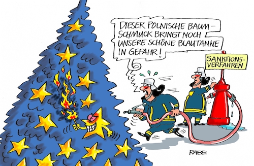 Cartoon: Blautanne (medium) by RABE tagged eu,brüssel,polen,sanktionen,pis,warschau,kommission,einleitung,verfahren,sanktionsverfahren,rechtsstaatsverstösse,gefährdung,grundwerte,rabe,ralf,böhme,cartoon,karikatur,pressezeichnung,farbcartoon,tagescartoon,tanne,blautanne,weihnachtsbaum,brand,sterne,weihnachtsbaumschmuck,flammen,feuerwehr,wasserschlauch,hydrandt,löscheinsatz,eu,brüssel,polen,sanktionen,pis,warschau,kommission,einleitung,verfahren,sanktionsverfahren,rechtsstaatsverstösse,gefährdung,grundwerte,rabe,ralf,böhme,cartoon,karikatur,pressezeichnung,farbcartoon,tagescartoon,tanne,blautanne,weihnachtsbaum,brand,sterne,weihnachtsbaumschmuck,flammen,feuerwehr,wasserschlauch,hydrandt,löscheinsatz